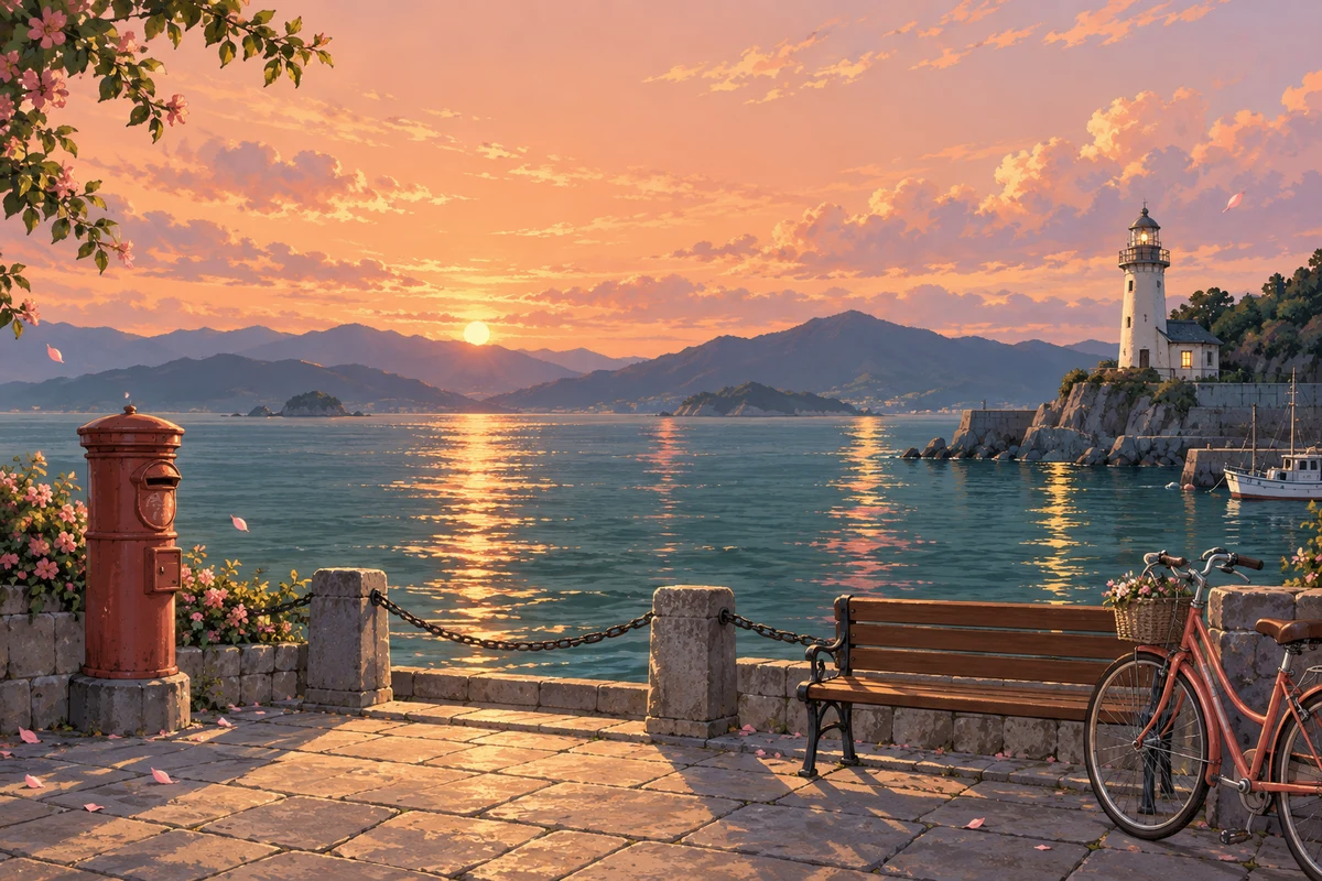 A quiet promenade, a waiting bench, and the lighthouse across Rail Cove at sunset