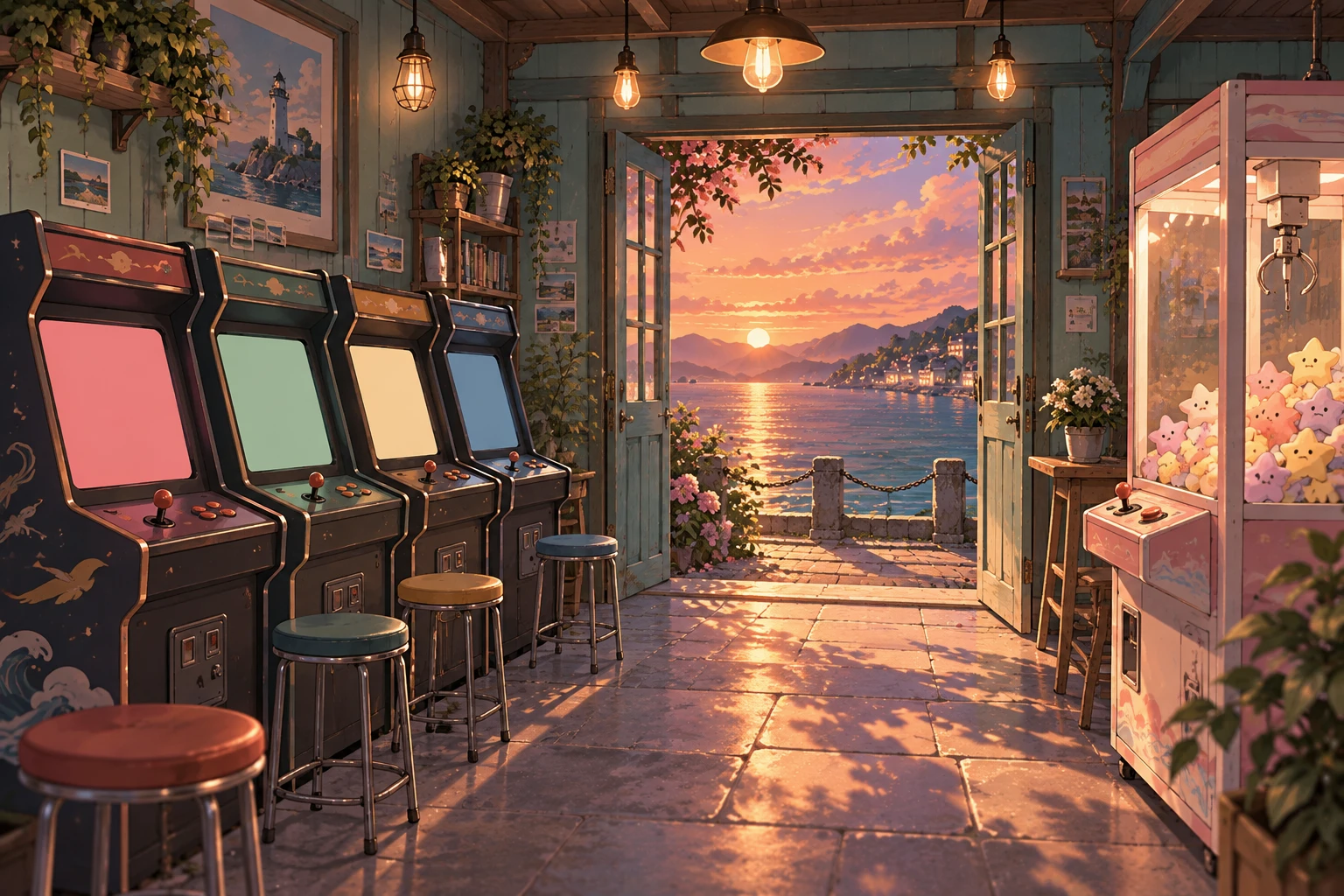 Old arcade machines and a pink claw machine by an open door overlooking the harbor