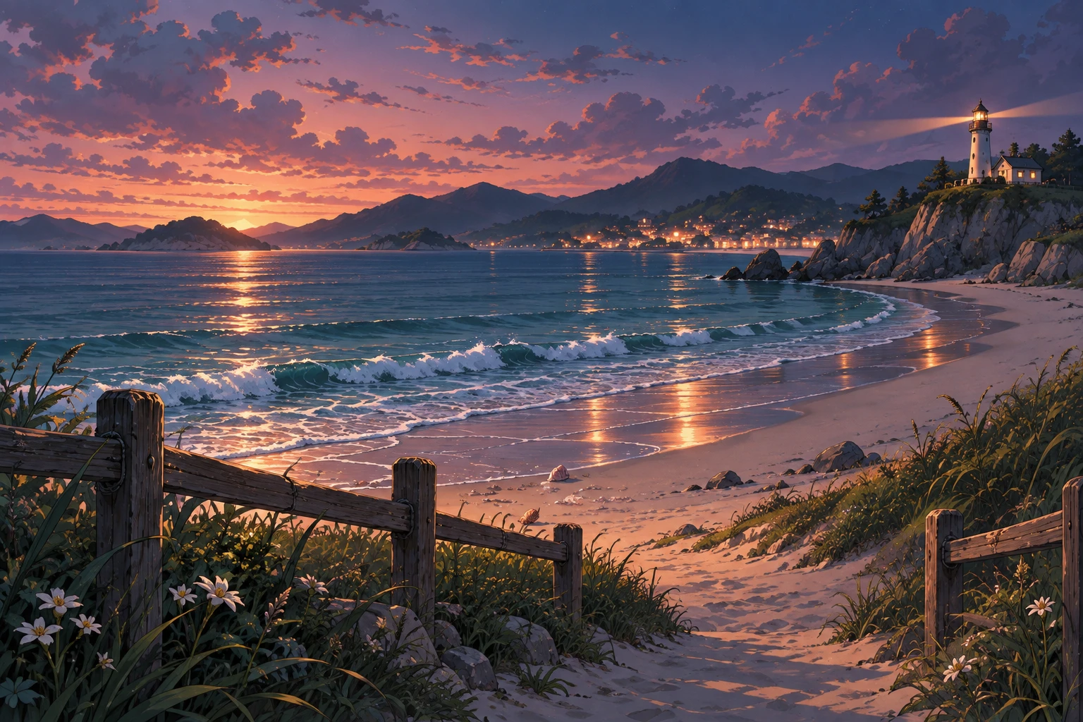 A quiet beach at blue hour, with a lighthouse and a path through the coastal grasses