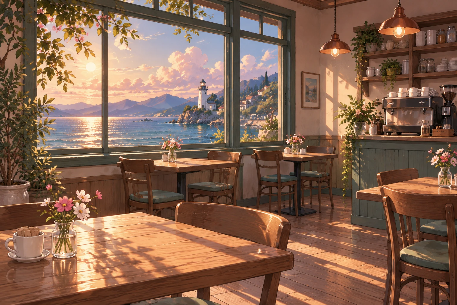 Sunset through the sea-facing windows of Café Lucent, with empty wooden tables and warm copper lamps