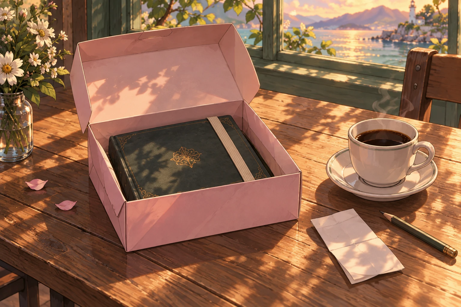 An accounting ledger hidden inside an open pink pastry box beside a cup of coffee
