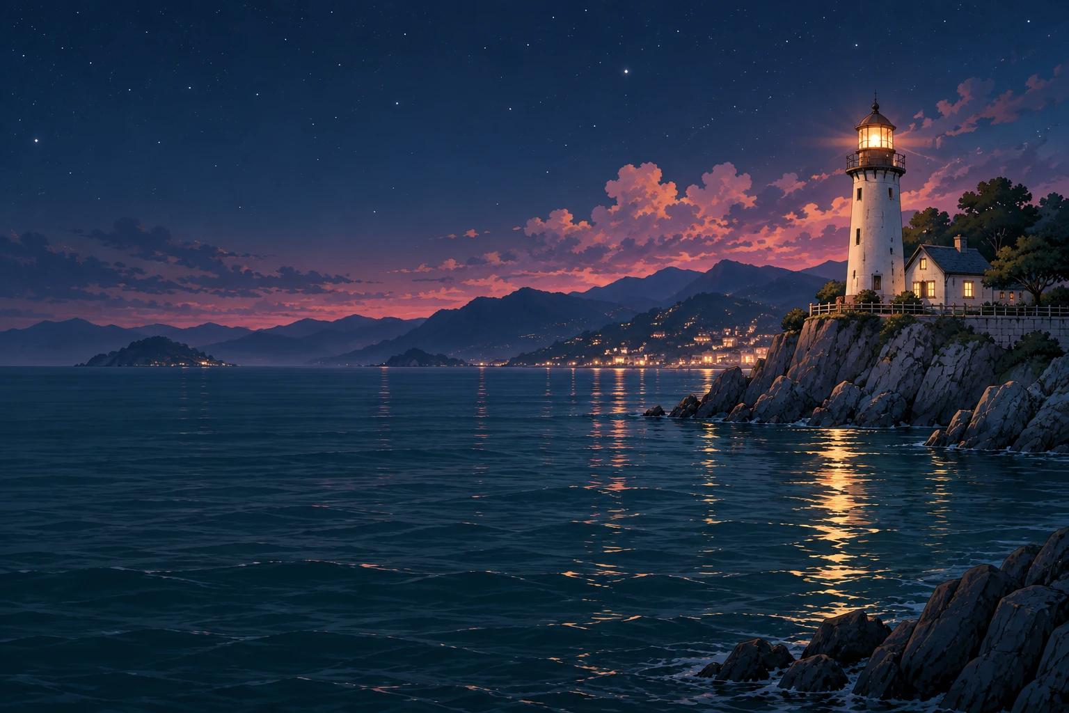 The lighthouse keeps a warm light over Rail Cove as the first stars come out