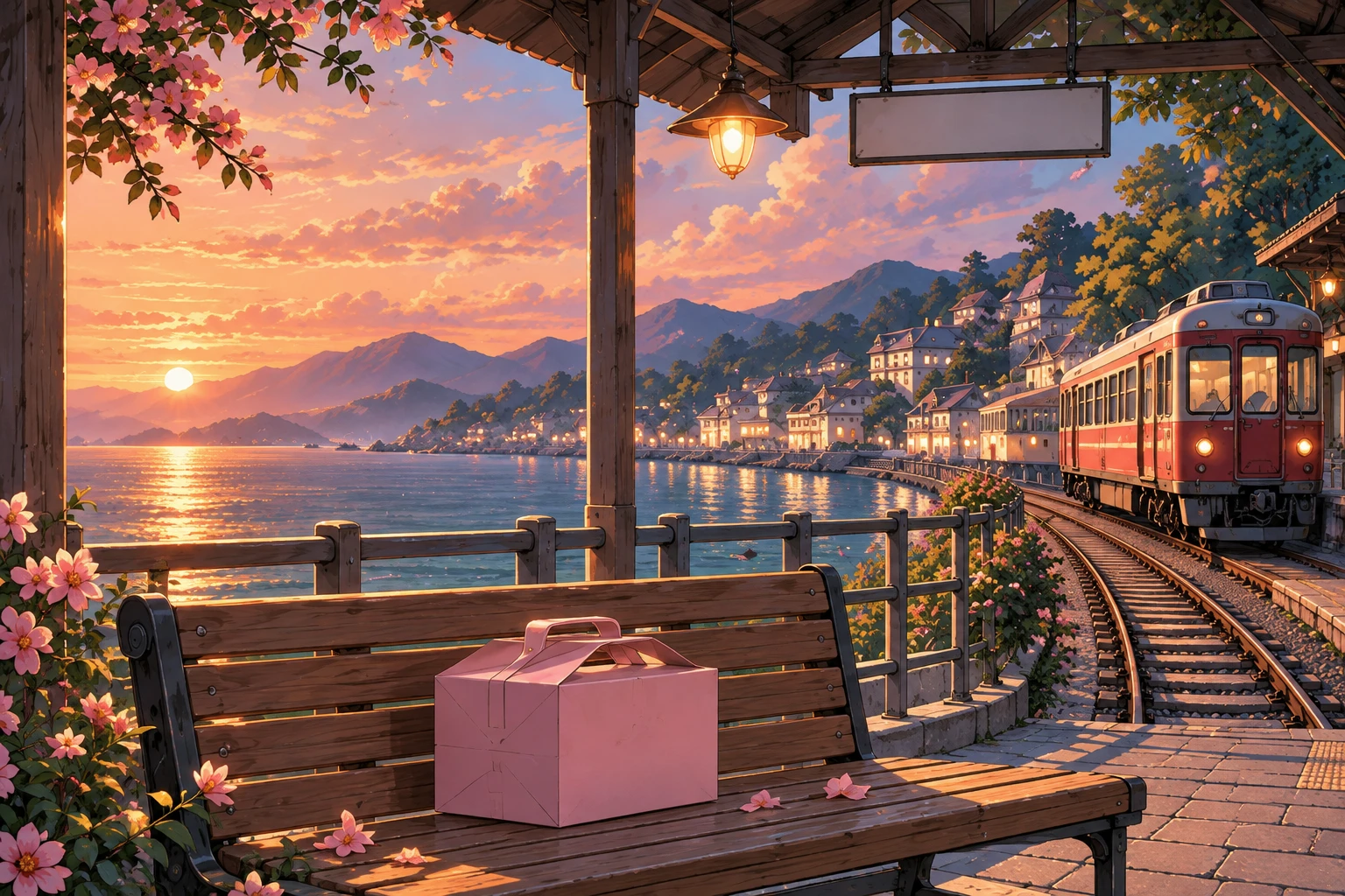 A pink cake box waits on a station bench as the evening train follows the coast into Rail Cove